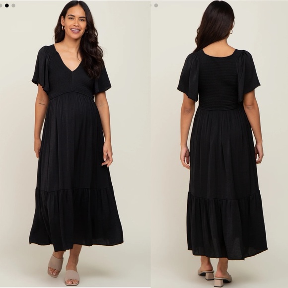 Pinkblush Black Smocked V Neck Flutter Sleeve Maternity Midi Dress - Picture 2 of 10